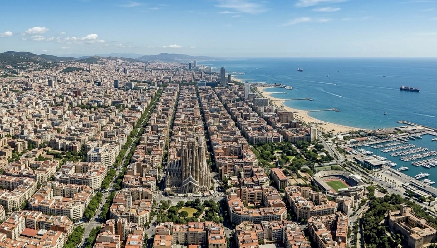 Barcelona from above: the Eixample grid, the Sagrada Familia and the sea